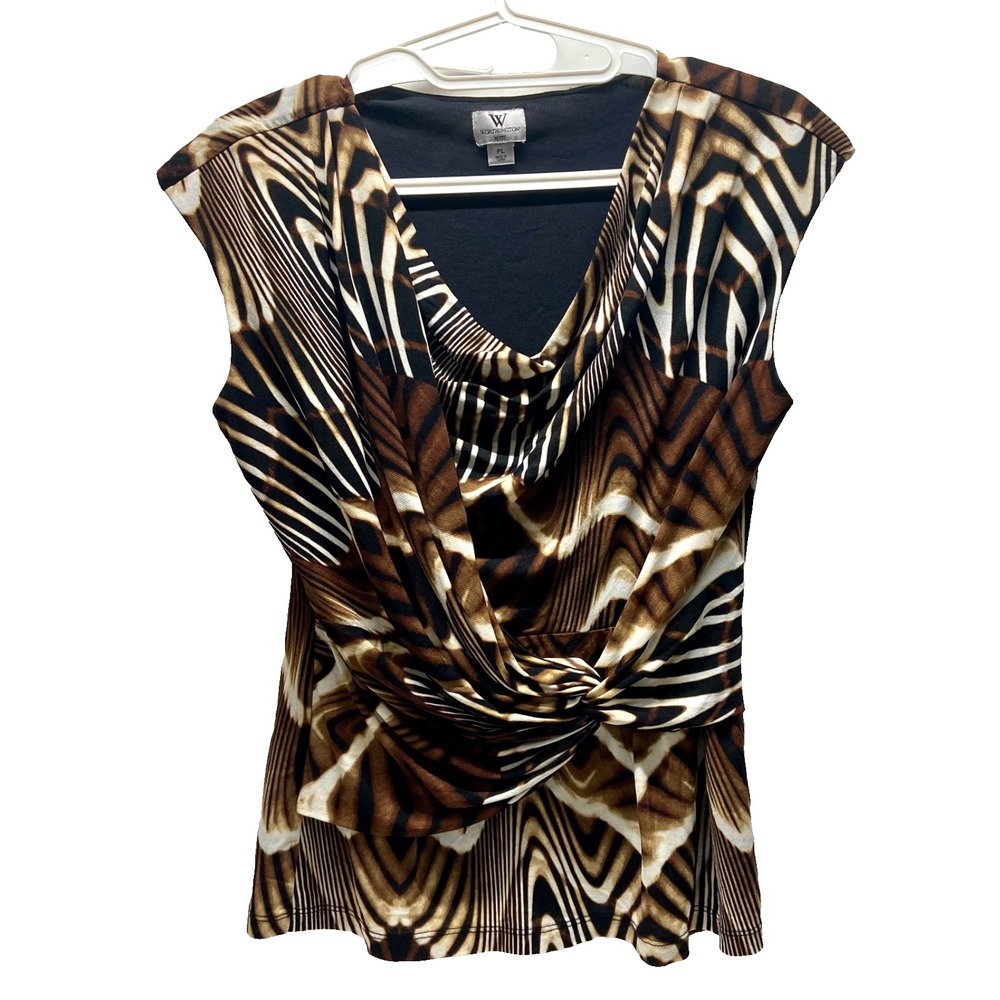 Worthington Sleeveless Blouse Women's Petite Large Brown Animal Print Wrap Front